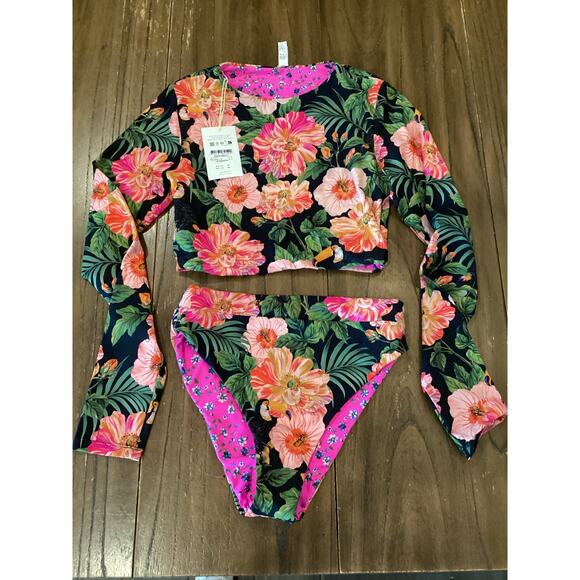 Maaji Floral reversible Long Sleeve Swim Top High Waist Bikini Bottom Set XL - Picture 2 of 9